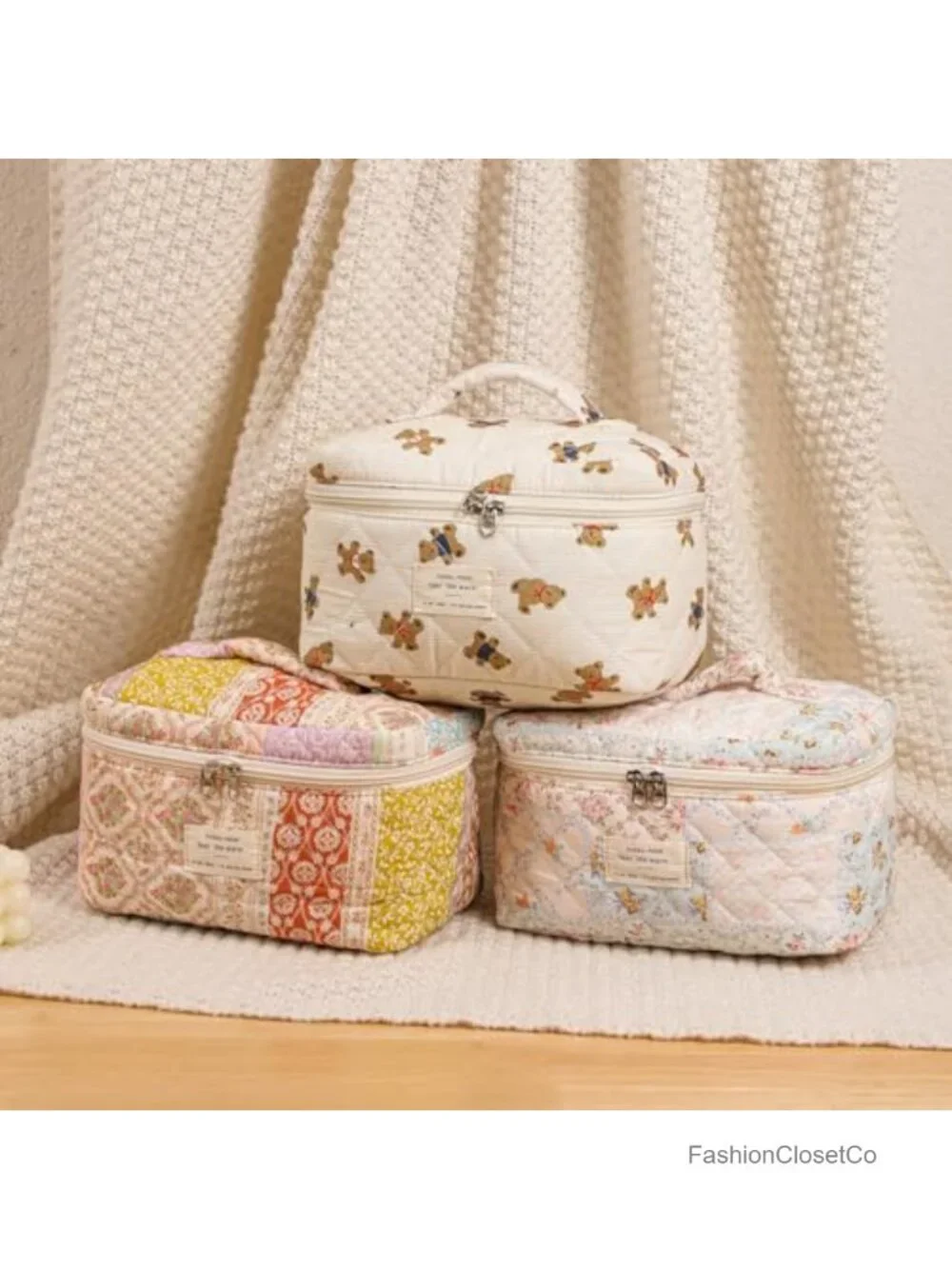 Large Quilted Floral Makeup Bag with Top Handle, Travel Toiletry Organizer